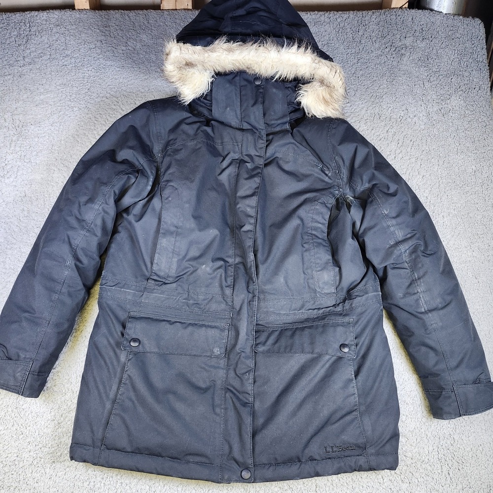 LL Bean Baxter State Parka Jacket Womens Medium Blue Hooded Faux Fur Trim Winter